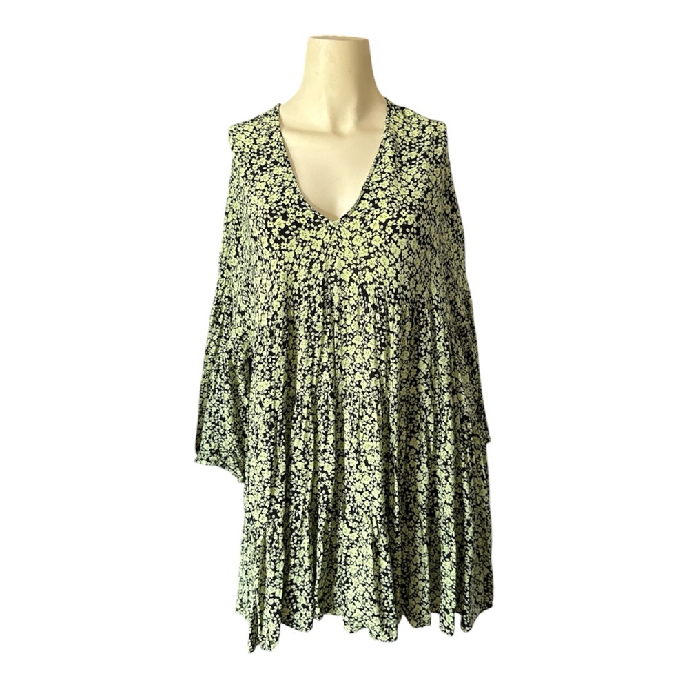 Zara Ditsy Floral Print Flowing Tiered V Neck Mini Dress Black Green Women M